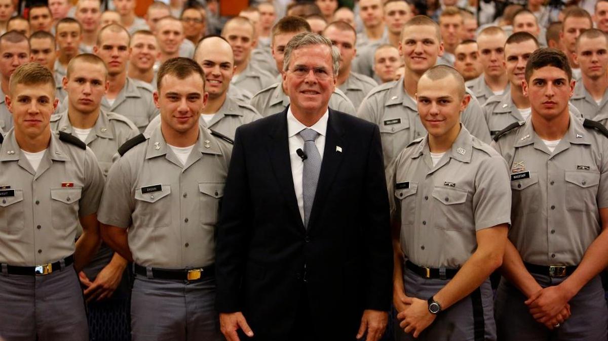 Republican presidential candidate, former Florida Gov. Jeb Bush, poses with Citadel cadets after giving a speech on foreign policy and national defense on the campus of The Citadel in Charleston, S.C.