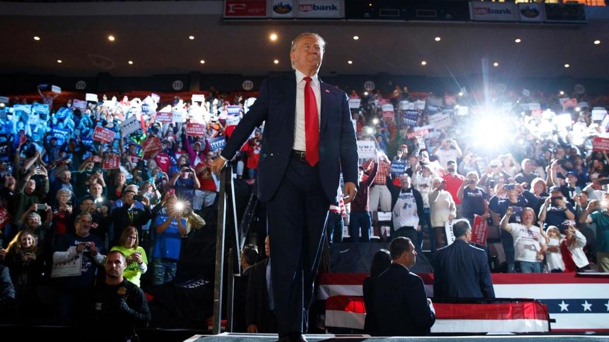 Republican presidential candidate Donald Trump arrives to speak at a campaign rally on Thursday in Cincinnati, Ohio.