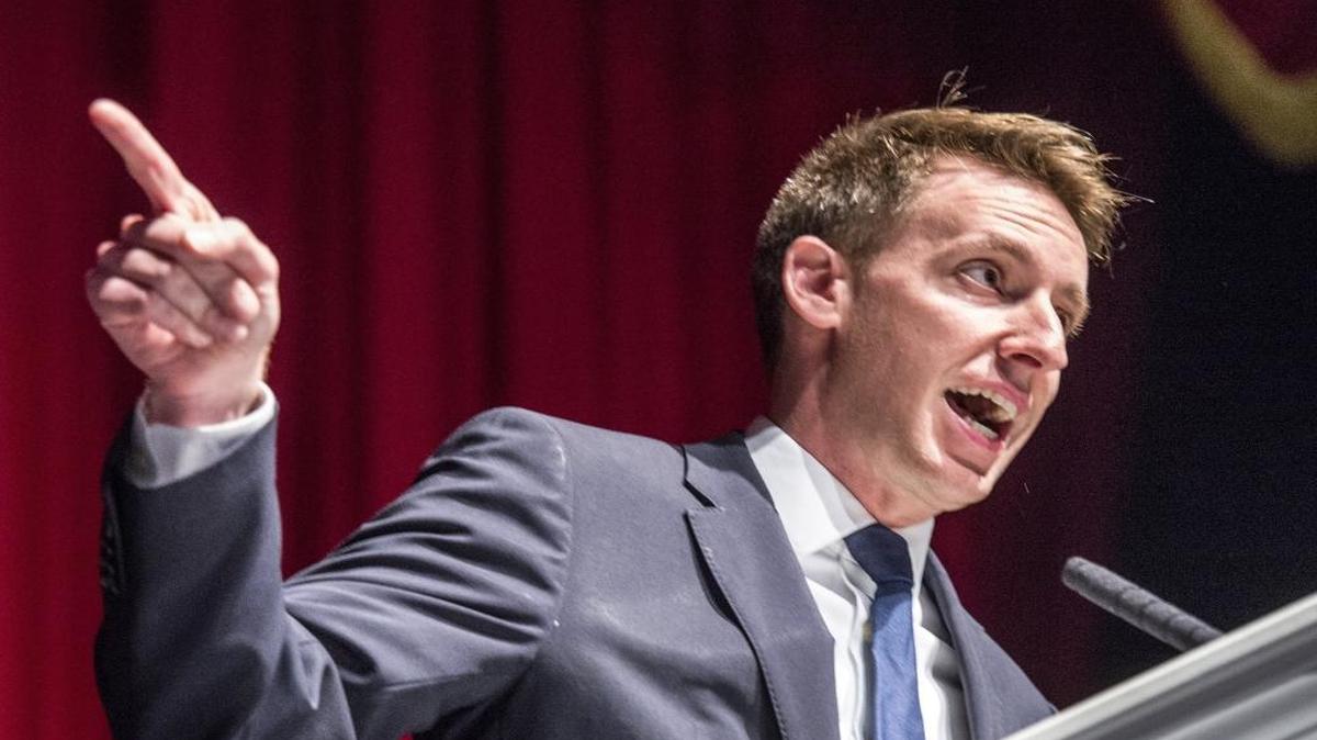 Jason Kander gives his concession speech to supporters during his watch party Nov. 9, 2016, at the Uptown Theater in Kansas City, Mo. Kander lost the U.S. Senate race to Republican incumbent Roy Blunt.