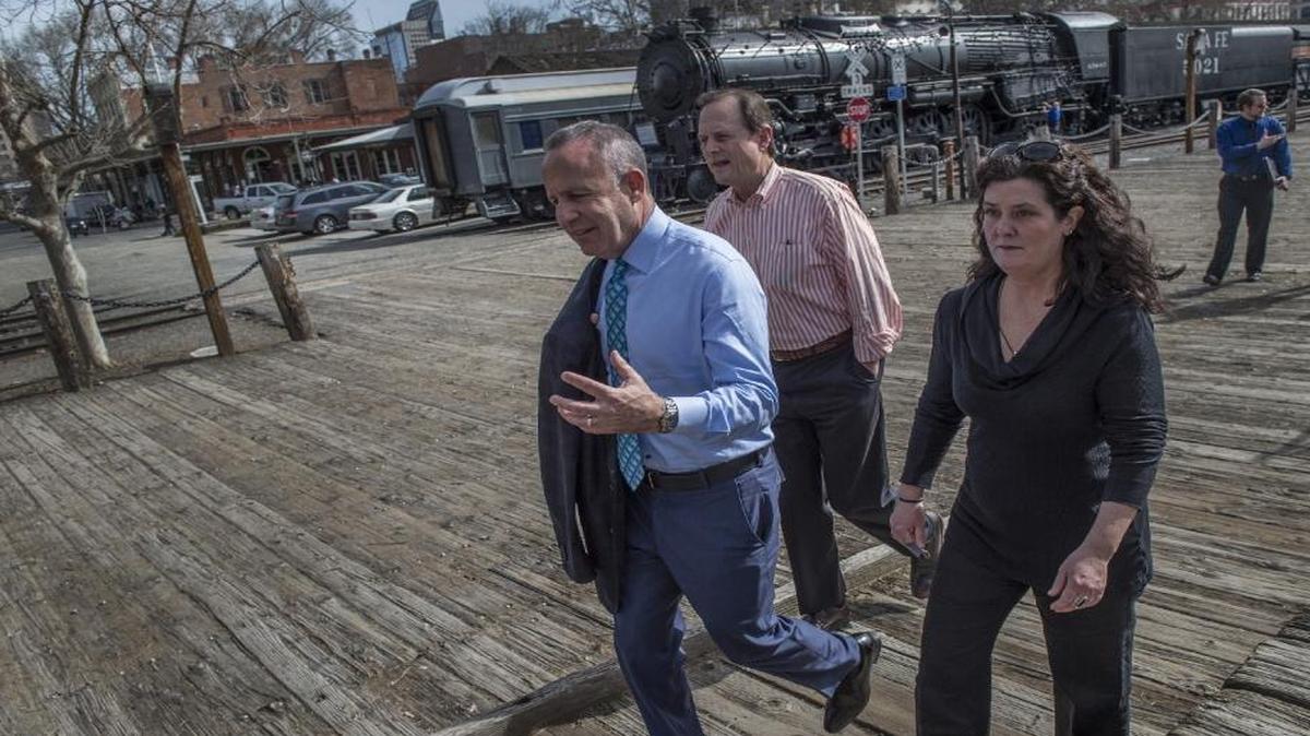 Sacramento Mayor Darrell Steinberg, center, tours Old Sacramento with Brooksie Hughes, right, and Richard Rich on Thursday, March 9, 2017.