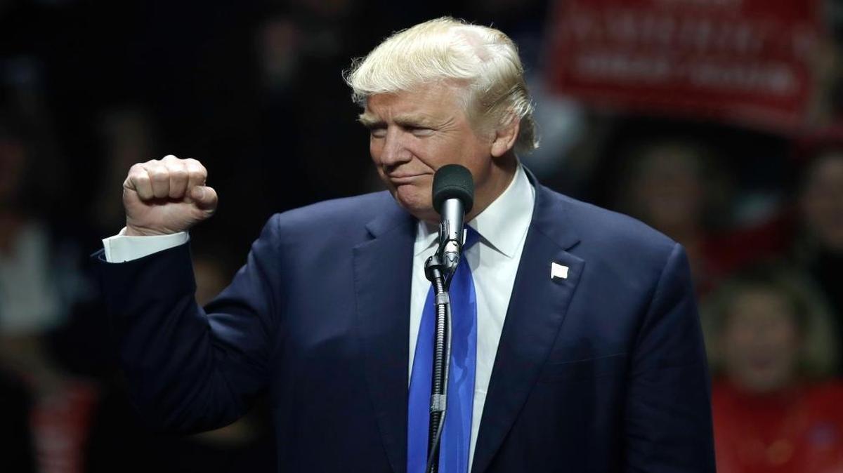 Republican presidential candidate Donald Trump speaks to a campaign rally, Monday, Nov. 7, 2016, in Manchester, N.H.