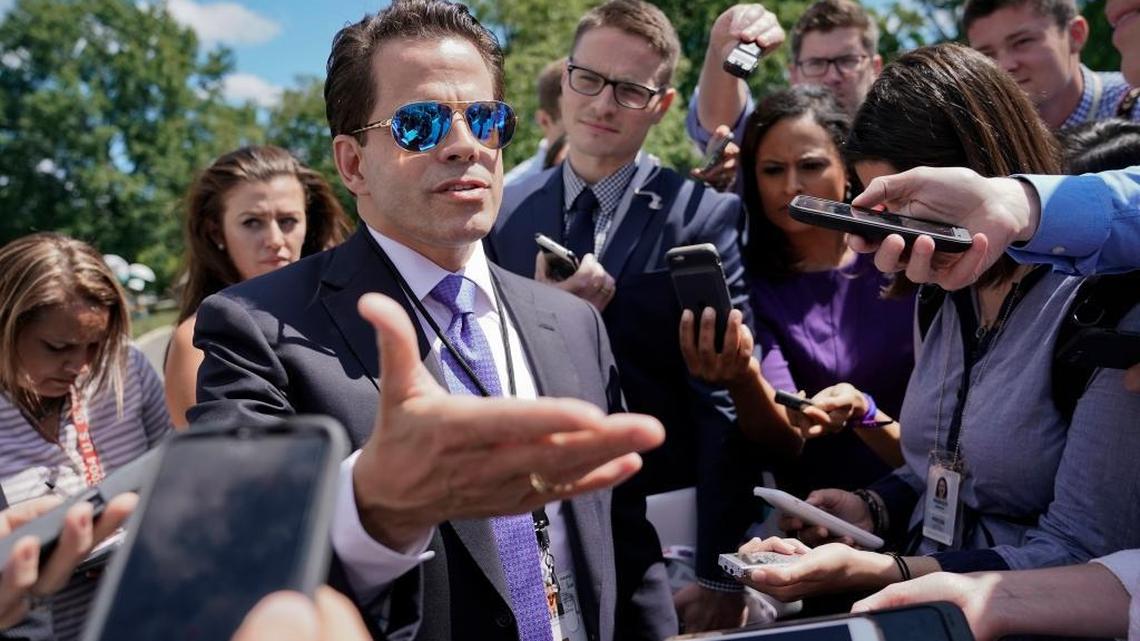 In this July 25, 2017 photo, then-White House communications director Anthony Scaramucci speaks to members of the media at the White House in Washington, Tuesday, July 25, 2017. He was fired shortly after--but his allies in the Orthodox Jewish community continue to embrace him.