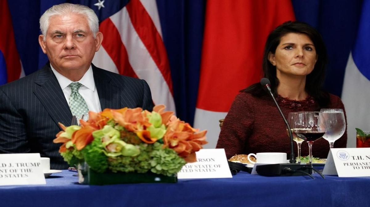 Secretary of State Rex Tillerson, left, and US Ambassador to the United Nations Nikki Haley wait for the arrival of President Donald Trump, South Korean President Moon Jae-in, and Japanese Prime Minister Shinzo Abe to a luncheon, at the Palace Hotel during the United Nations General Assembly last year.