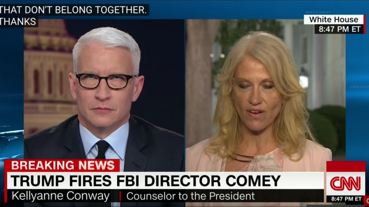 Kellyanne Conway was interviewed by Anderson Cooper on CNN Tuesday night about the firing of FBI Director James Comey. Her reference back to the campaign and saying, “I was on your show often last fall, saying we were going to win Michigan and how we were going to do it,” elicited an eye roll from Cooper.