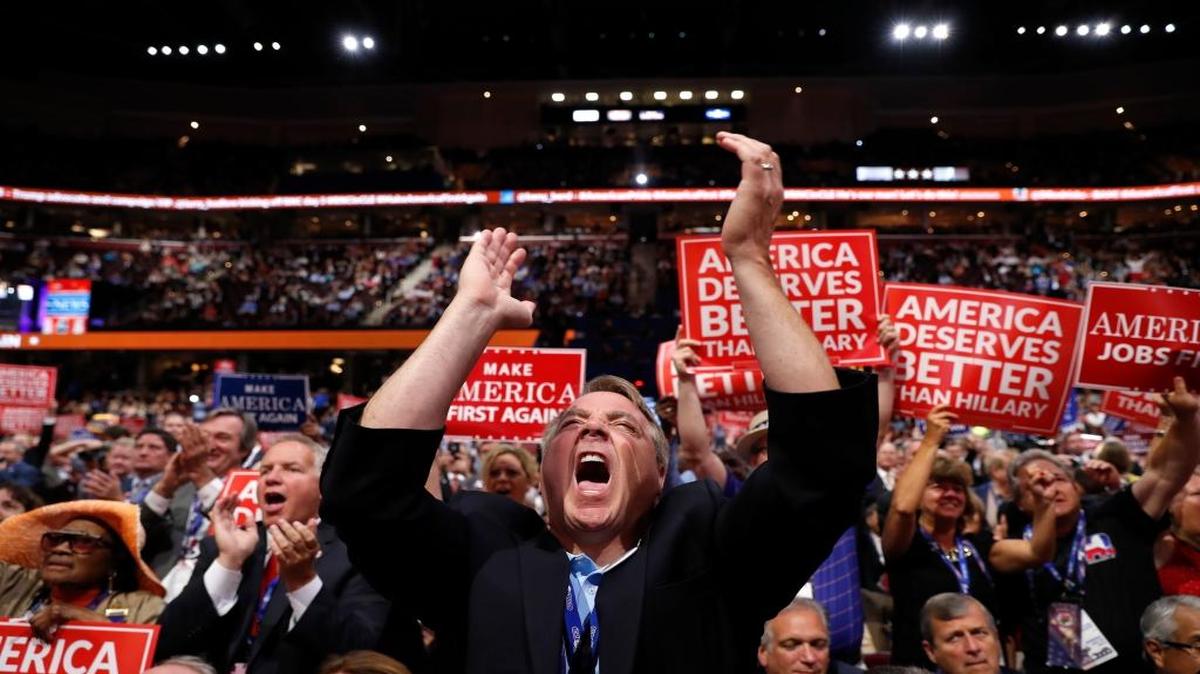 New York delegate David DiPietro reacts during the third day session of the Republican National Convention in Cleveland, Wednesday, July 20, 2016. Republicans are worried that Trump’s language is preventing the GOP from being an inclusive party going forward.
