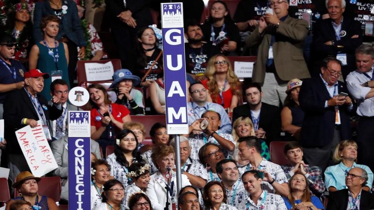 The Guam delegation is gathered as votes are cast during the second day of the Democratic National Convention in Philadelphia, July 26, 2016.