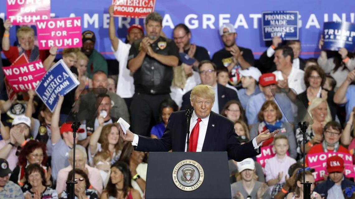 President Donald Trump speaks at a rally in Harrisburg, Pa., Saturday, April 29, 2017.