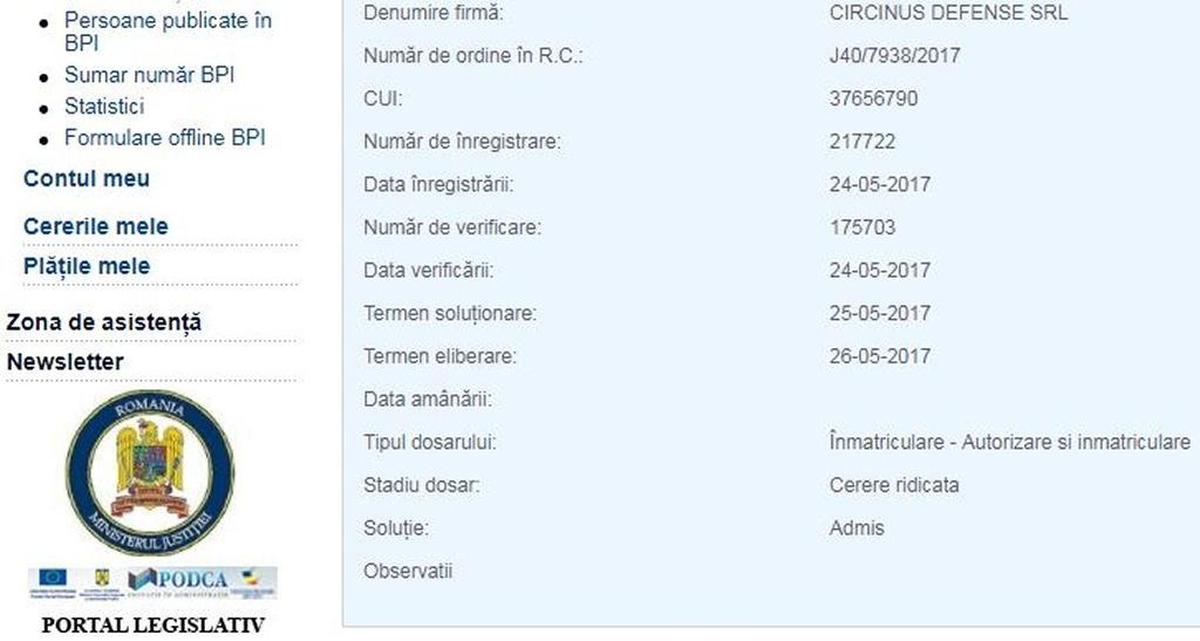 Screenshot of Circinus Defense SRL Romanian registration
