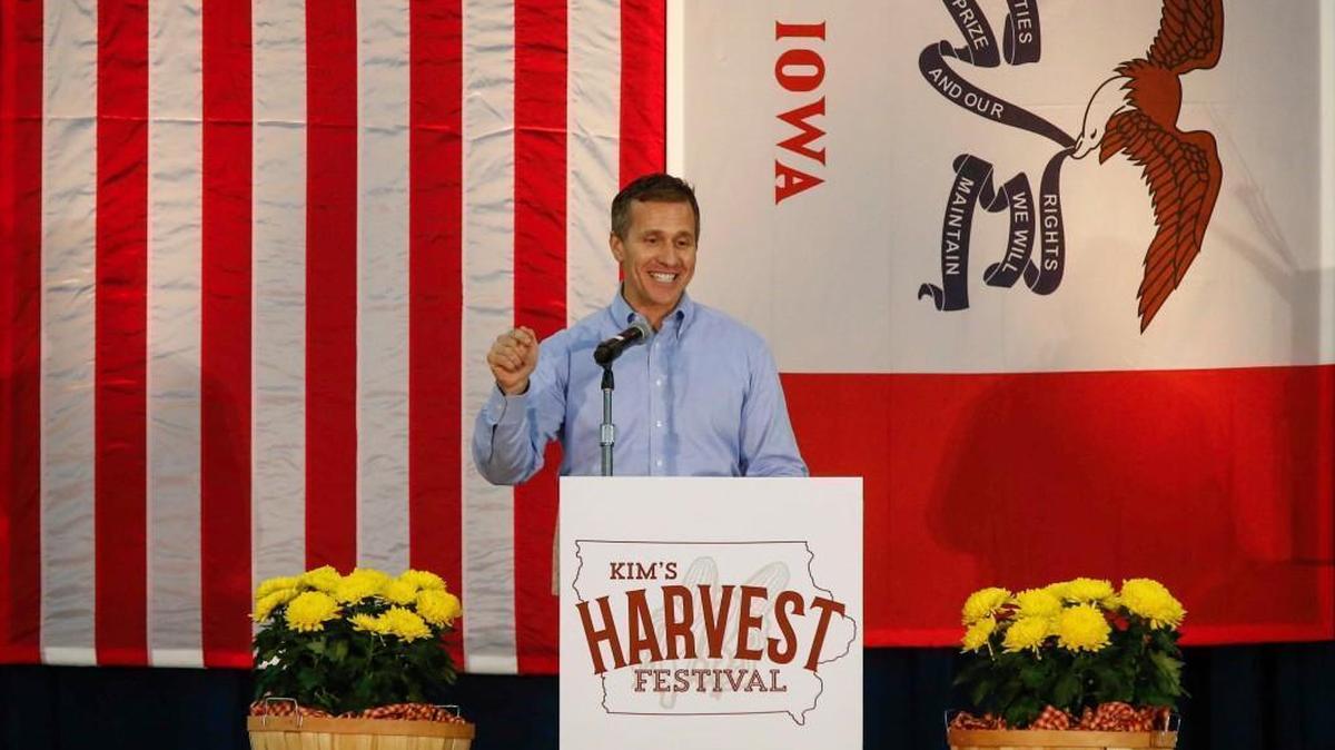 Guest speaker Missouri Gov. Eric Greitens addresses the audience at Iowa Gov. Kim Reynolds’ Harvest Festival at the Iowa State Fairgrounds in Des Moines Oct. 21. (Bryon