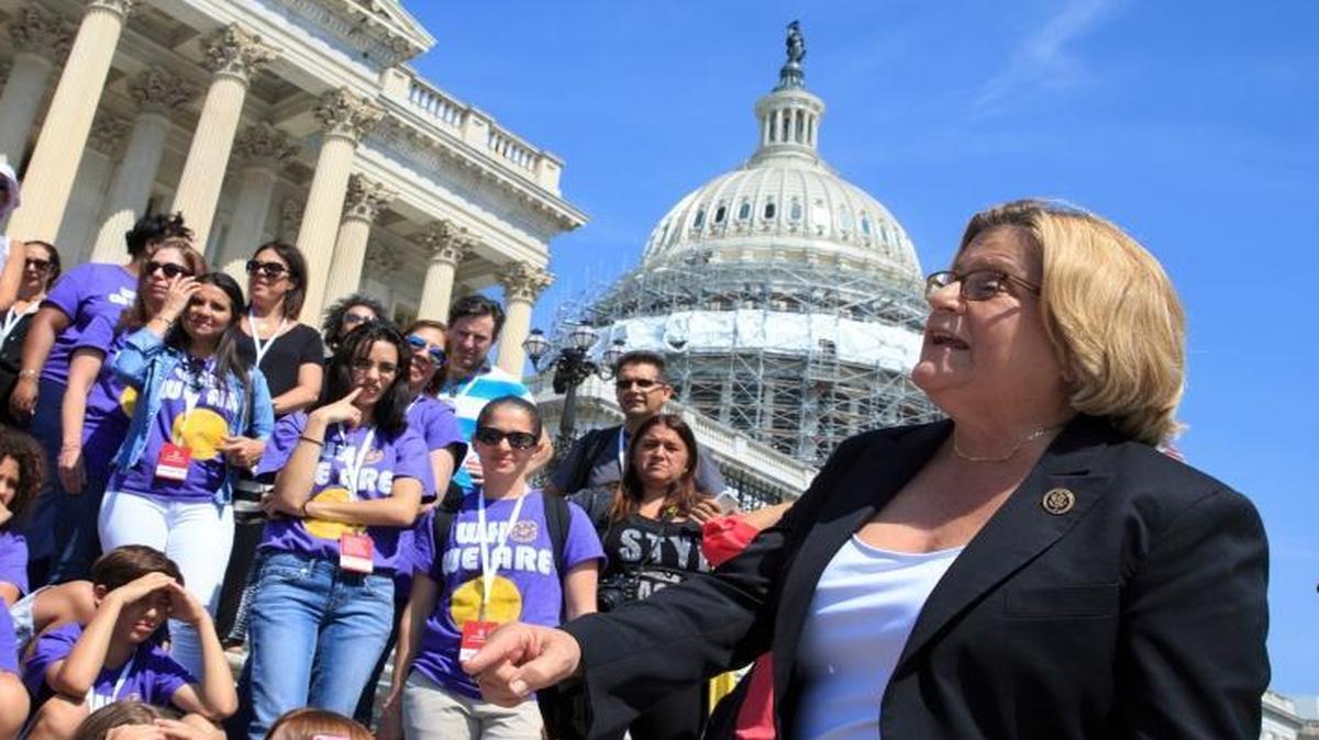 Rep. Ileana Ros-Lehtinen, R-Fla., speaks to visiting students from North Beach Elementary School in Miami Beach, Fla., May 26, 2016, on Capitol Hill in Washington.