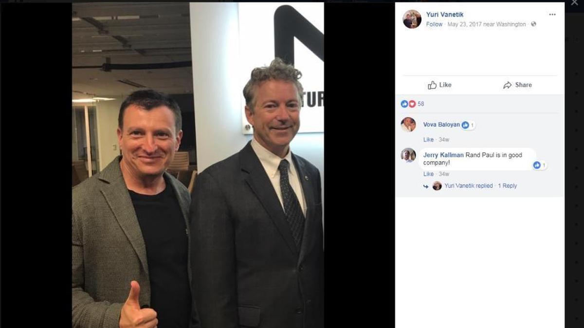 This screenshot from Yuri Vanetik’s Facebook page shows him flashing the thumbs-up sign with Kentucky Republican Sen. Rand Paul.
