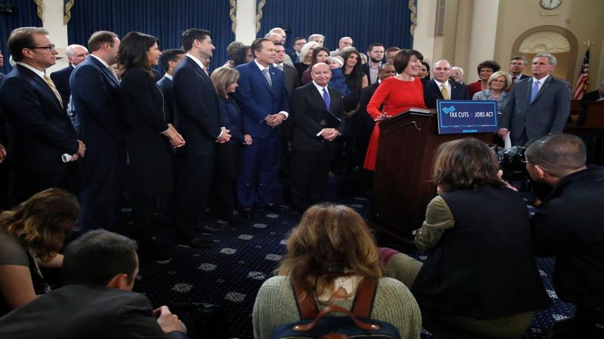 Rep. Cathy McMorris Rodgers, R-Wash., speaks at the podium during a news conference announcing GOP tax legislation. The tax overhaul could play a big role in the 2018 election.