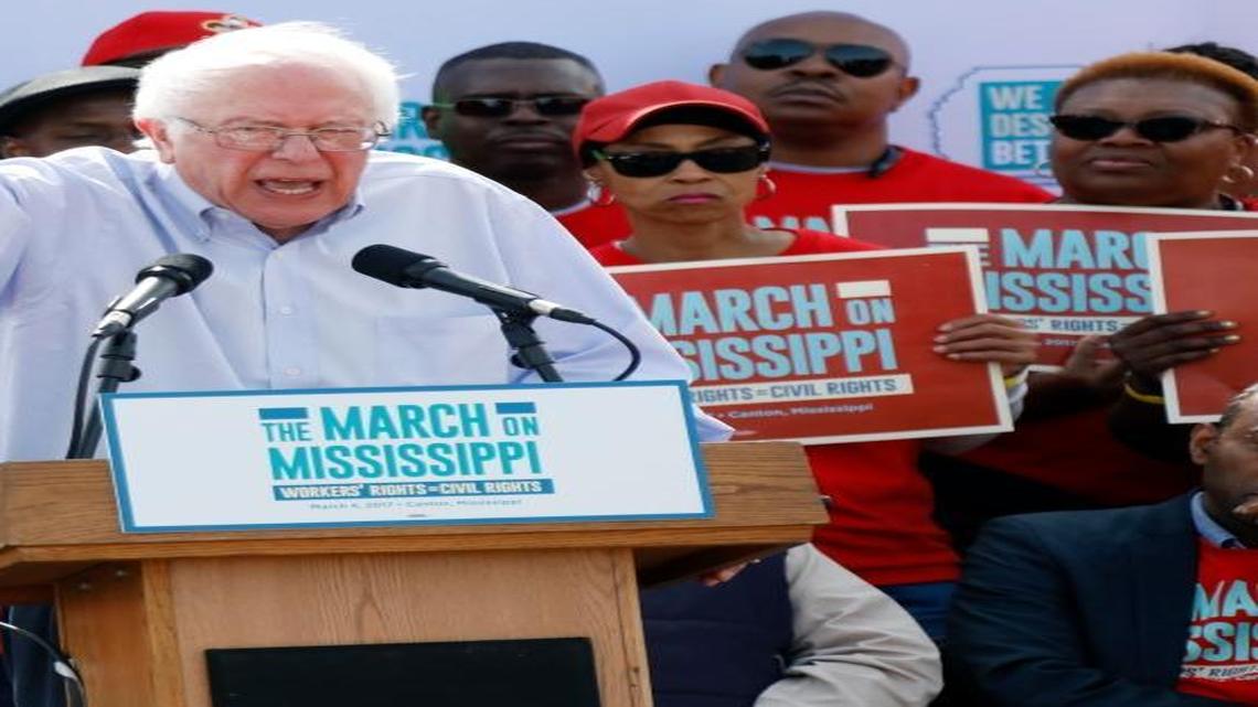 Vermont’s Democratic Party has elected the nation’s first Muslim party chairman. Vermont is also home to independent U.S. Sen. Bernie Sanders, who here addresses thousands at a pro-union rally near Nissan Motor Co.'s Canton, Miss., plant, Saturday, March 4, 2017.