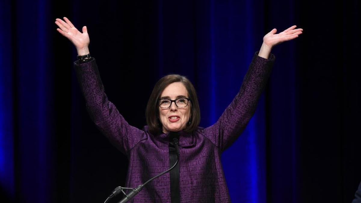Oregon Gov. Kate Brown speaks to the crowd of supporters after being elected at the Oregon Convention Center in Portland, Ore., on Tuesday.