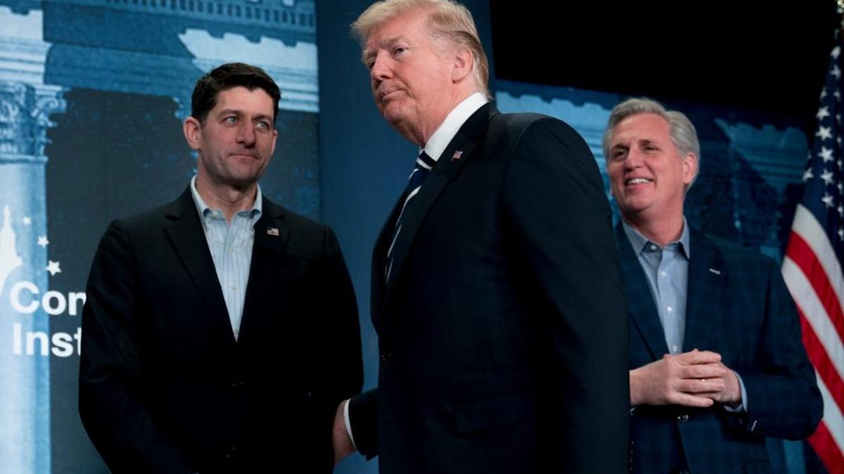 President Donald Trump, accompanied by House Speaker Paul Ryan of Wis., left, and House Majority Leader Kevin McCarthy of Calif., right, arrives to speak at the 2018 House and Senate Republican Member Conference at The Greenbrier, in White Sulphur Springs, WVa., Thursday, Feb. 1, 2018. The House Republican campaign arm has selected another round of candidates for its incumbent protection program.