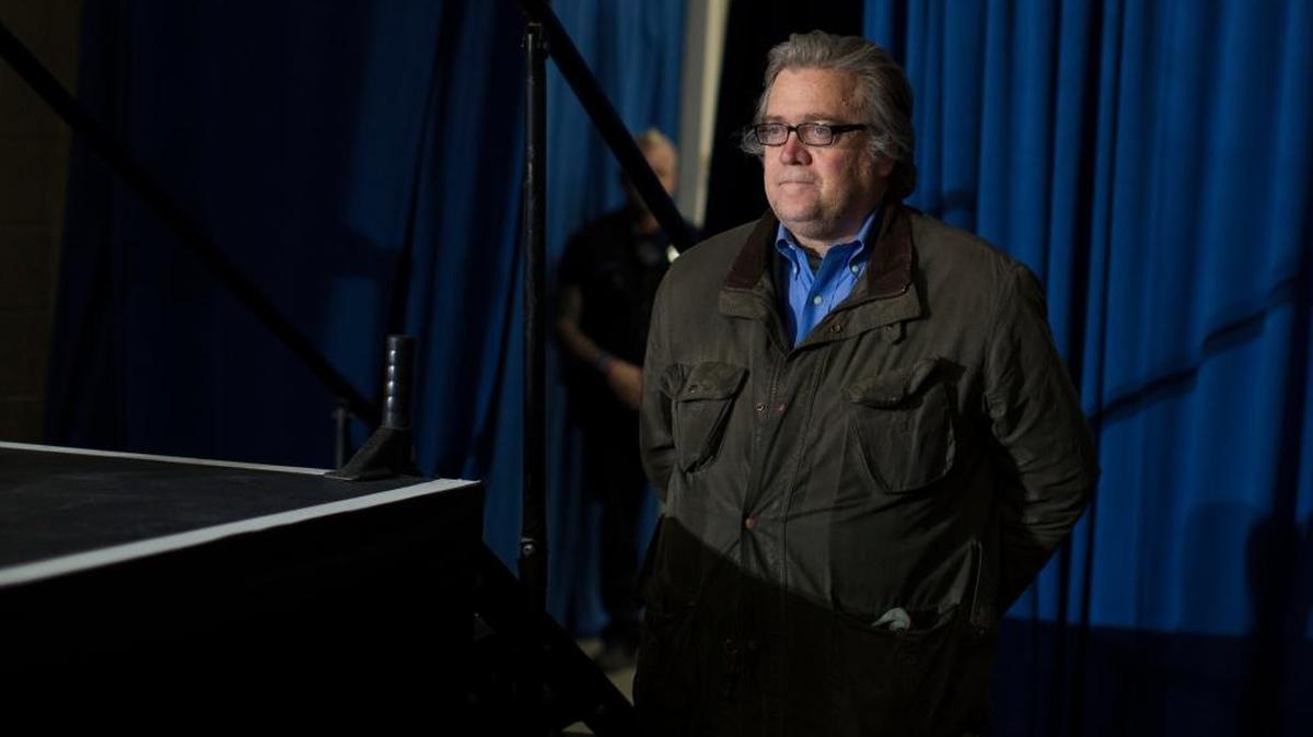 Stephen Bannon, who served as campaign CEO for Republican presidential candidate, Donald Trump, looks on as Trump speaks during a campaign rally, Saturday, Nov. 5, 2016, in Denver. He is emerging as the Democrats’ new favorite bogeyman.
