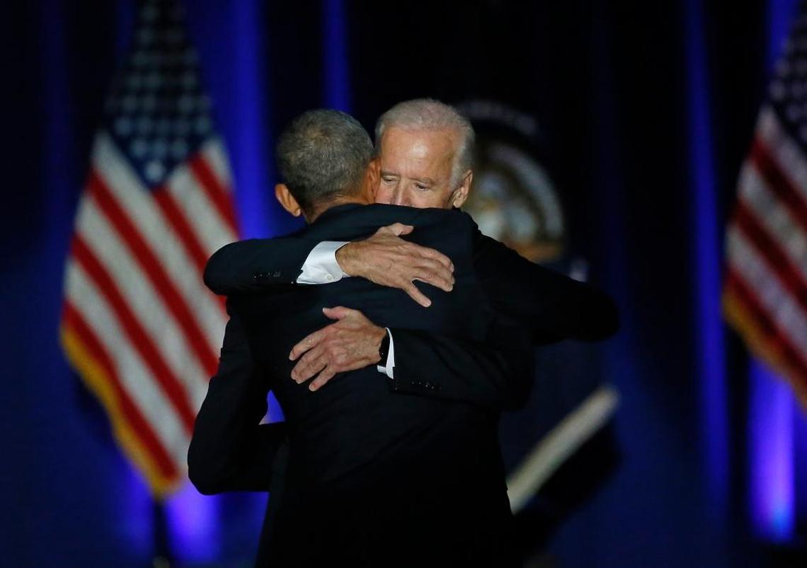 President Barack Obama hugs Vice President Joe Biden after giving his presidential farewell address.