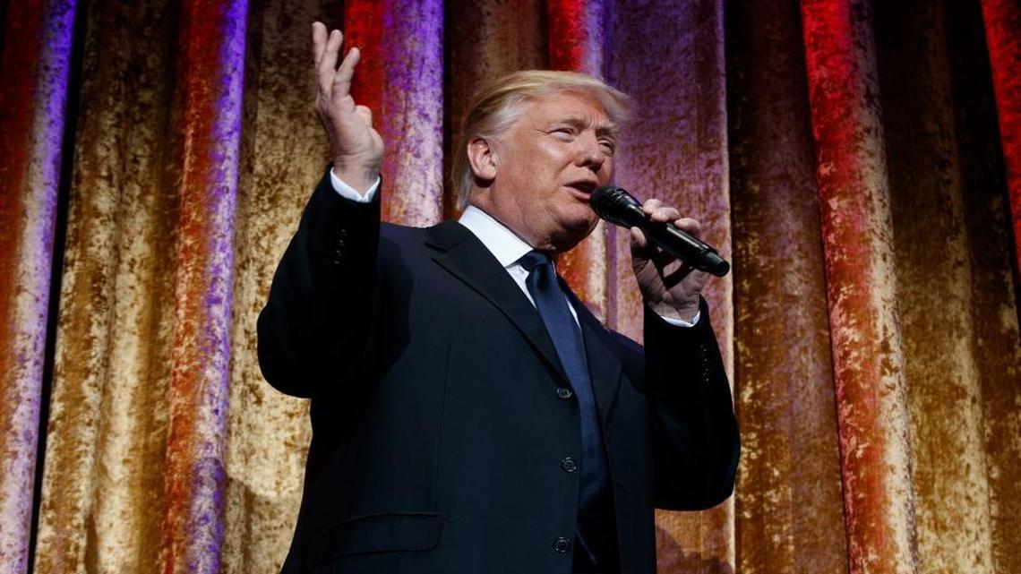 President-elect Donald Trump speaks during the presidential inaugural Chairman's Global Dinner, Tuesday, Jan. 17, 2017, in Washington.