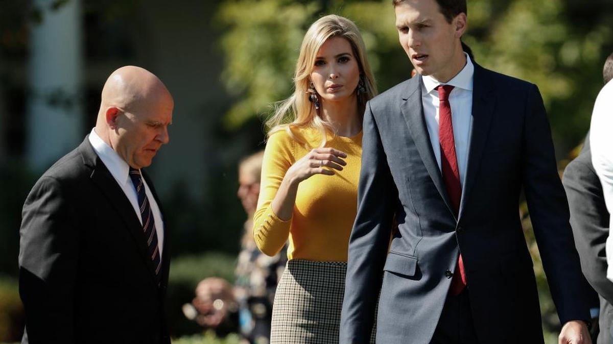 National Security Adviser H.R. McMaster, Ivanka Trump, the daughter and assistant to President Donald Trump, and White House Senior Adviser Jared Kushner, on the South Lawn of the White House in Washington before taking part in a moment of silence to remember the victims of the mass shooting in Las Vegas on Monday.