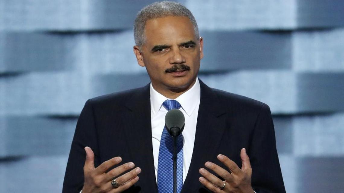 In this July 26, 2016, file photo, former Attorney General Eric Holder speaks during the second day of the Democratic National Convention in Philadelphia.