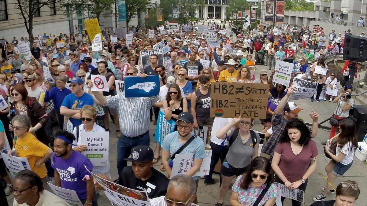 Protesters rally against House Bill 2 in Raleigh, N.C., on Monday, April 25, 2016. The U.S. Department of Education has granted waivers to religiously affiliated universities so they can discriminate against transgender students yet still receive federal funding for student financial aid.
