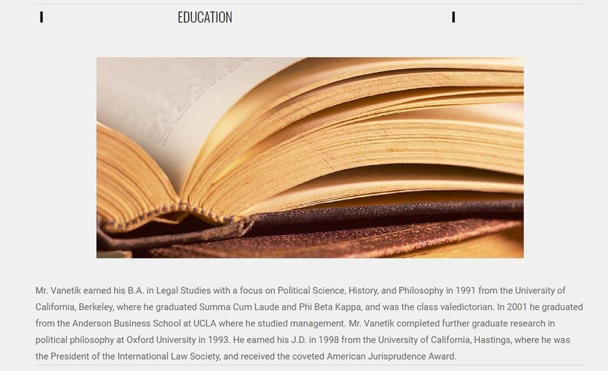 This screenshot from his personal website boasts that Yuri Vanetik was class valedictorian at UC-Berkeley. The school records do not show that.