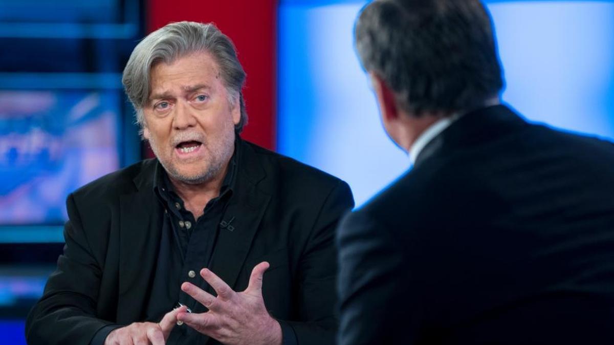 Former White House strategist Steve Bannon, left, takes part in an interview with host Sean Hannity on the set of Fox News Channel's Hannity in New York, Monday, Oct 9, 2017. Candidates at every level of government are angling for a Bannon endorsement.