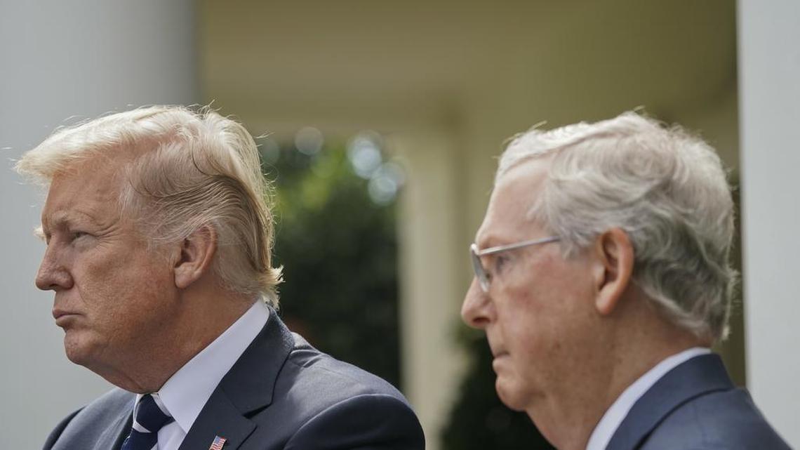 President Donald Trump and Senate Majority Leader Mitch McConnell of Ky., speak to members of the media in the Rose Garden of the White House, Monday, Oct. 16, 2017.