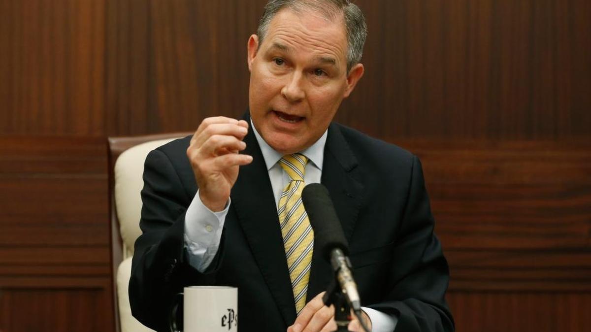 Then-Oklahoma Attorney General Scott Pruitt gestures as he answers a question during a news conference in Oklahoma City, Thursday, June 13, 2013. Pruitt now leads the Environmental Protection Agency.