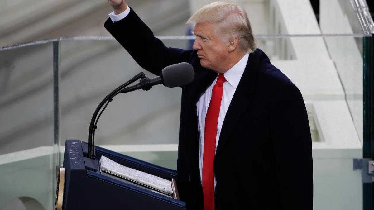 President Donald Trump pumps his fist after delivering his inaugural address after being sworn in as the 45th president of the United States during the 58th Presidential Inauguration at the U.S. Capitol in Washington, Friday, Jan. 20, 2017.
