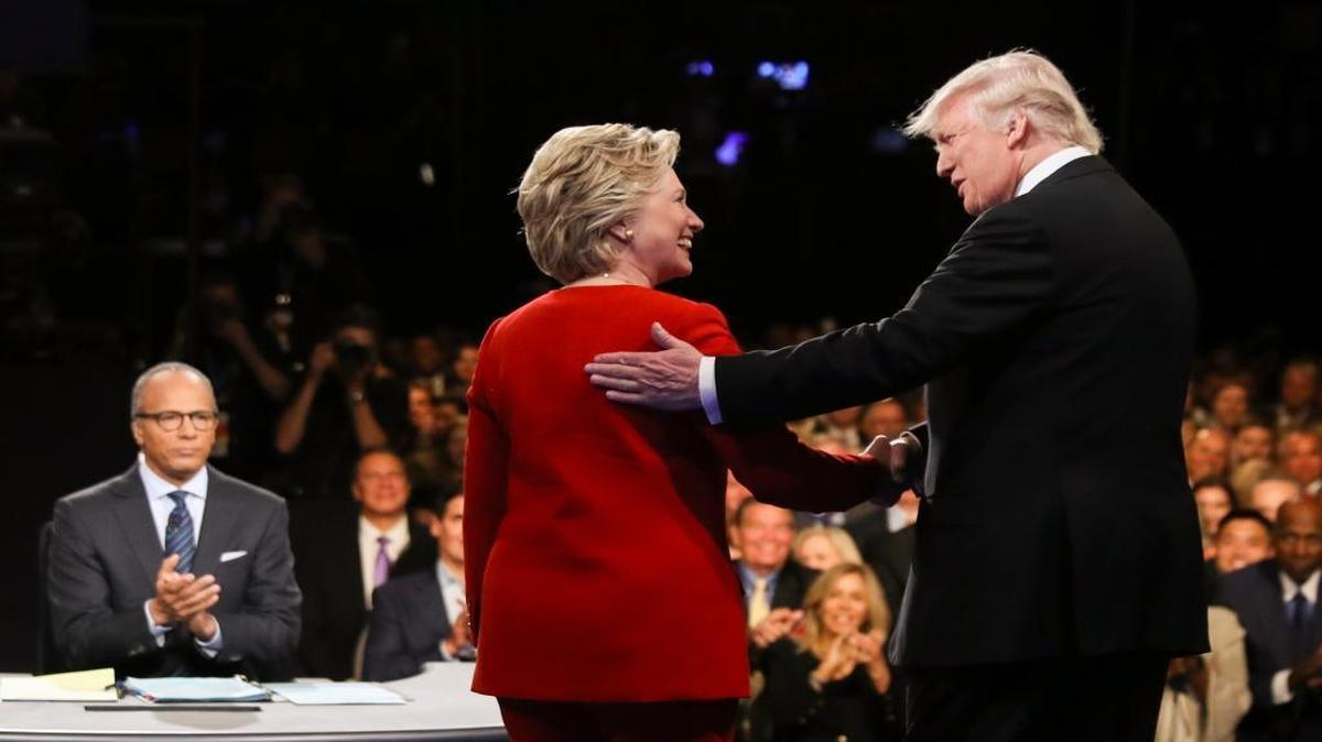 Democratic presidential nominee Hillary Clinton and Republican presidential nominee Donald Trump at the first presidential debate Sept. 26. When the two meet Sunday, they’ll be fielding questions from undecided voters seated nearby. In an added dose of unpredictability, the format allows the candidates to move around the stage, putting them in unusually close proximity to each other.
