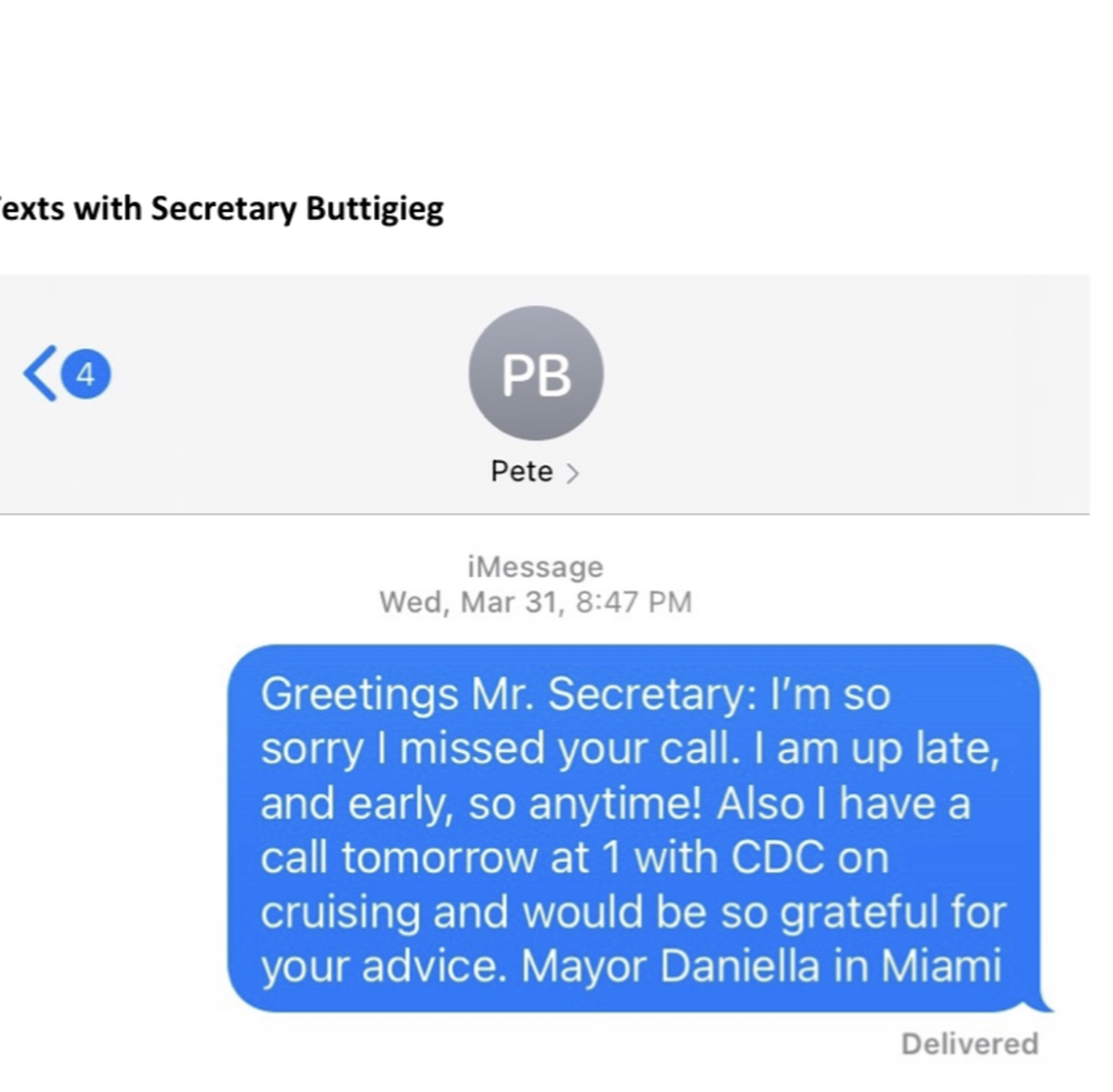 Miami-Dade Mayor Daniella Levine Cava texts Transportation Secretary Pete Buttigieg after missing his phone call.