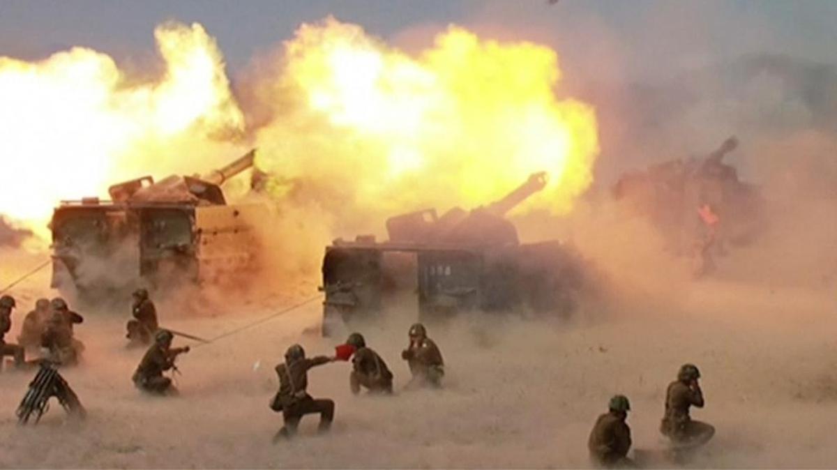 North Korea's KRT showed this image Wednesday, April 26, 2017, describing it as a "combined fire demonstration" to celebrate the 85th anniversary of the North Korean army in Wonsan, North Korea.