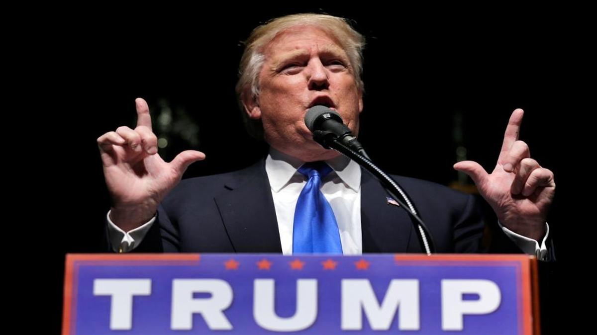 Republican presidential candidate Donald Trump gestures during a campaign event in Hartford, Conn., Friday, April 15, 2016.