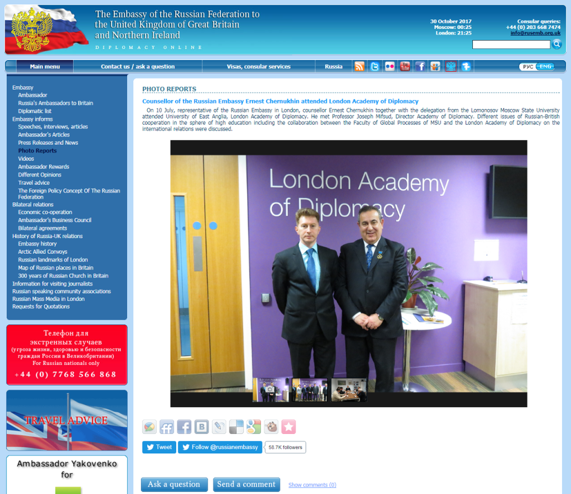 This screenshot of the Russian Embassy in London website shows Professor Joseph Mifsud (r), who news reports described the professor cited in a plea deal struck with Special Counsel Robert Mueller that was unsealed on Oct. 30, 2017. The plea deal describes the professor as a go-between for Russia and junior members of the Trump campaign.