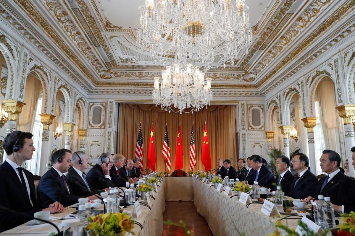 President Donald Trump and Chinese President Xi Jinping participate in a bilateral meeting at Mar-a-Lago on Friday, April 7, 2017, the day after the U.S. launched missile strikes on a Syria air base. Chinese officials stayed largely silent on the strikes.