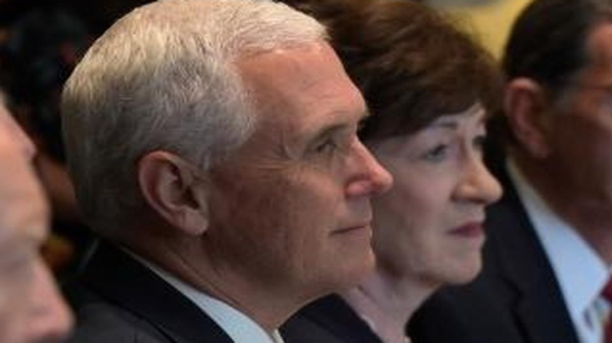 Vice President Mike Pence, third from left, listens as President Donald Trump speaks before having lunch with Republican Senators and White House staffers in the Cabinet Room of the White House in Washington, Tuesday, June 13, 2017. From left are, Sen. Ted Cruz, R-Texas, Sen. Orrin Hatch, R-Utah, the vice president, Sen. Susan Collins, R-Maine, Sen. John Barrasso, R-Wyo., Sen. Mike Lee, R-Utah.