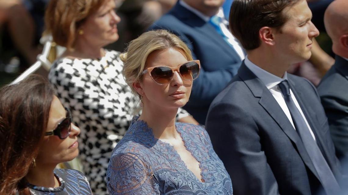 Ivanka Trump, center, and her husband, White House Senior Adviser Jared Kushner, right, sit in the front row during a joint news conference of President Donald Trump and Lebanese Prime Minister Saad Hariri, Tuesday, July 25, 2017, in the Rose Garden of the White House in Washington.