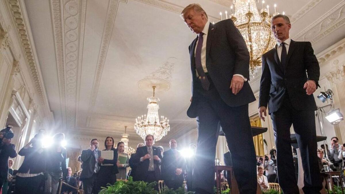 President Donald Trump and NATO Secretary General Jens Stoltenberg after a news conference in the East Room of the White House Wednesday