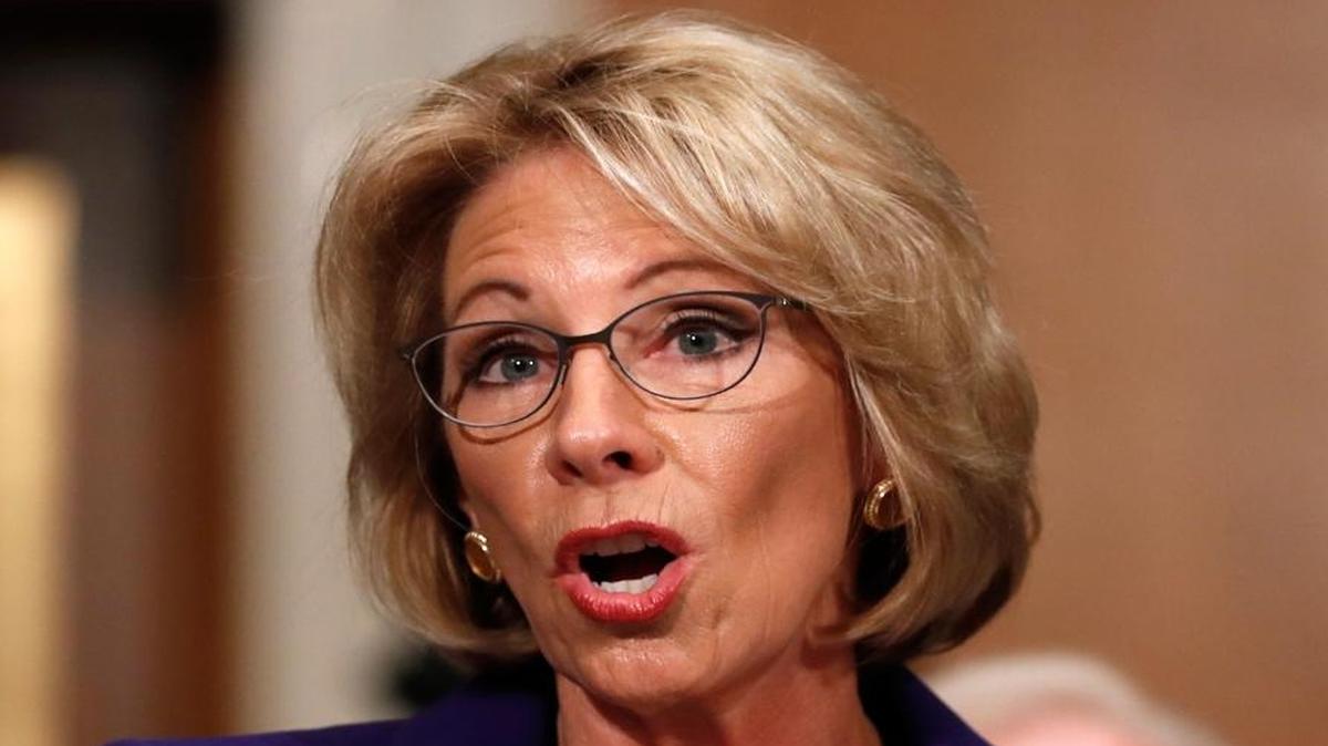 In this Jan. 17, 2017, file photo, Education Secretary-designate Betsy DeVos testifies on Capitol Hill in Washington at her confirmation hearing before the Senate Health, Education, Labor and Pensions Committee.