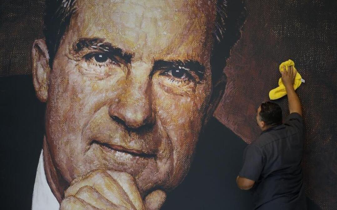 A wall mural of former President Richard Nixon in the lobby area of the Richard Nixon Presidential Library and Museum in Yorba Linda, Calif.