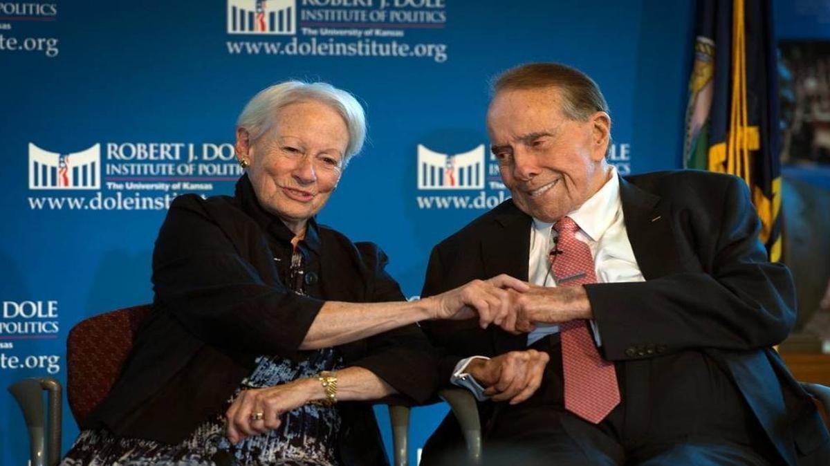 Former Sen. Bob Dole appears with former Sen. Nancy Kassebaum Baker at the Robert J. Dole Institute of Politics in Lawrence, Kan., in September 2016.