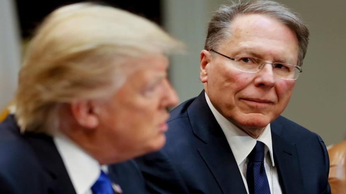 Wayne LaPierre, the National Rifle Association’s executive vice president and chief executive officer, sits next to President Donald Trump at the White House on Feb. 1, 2017, during a discussion of the nomination of Neil Gorsuch to the Supreme Court.