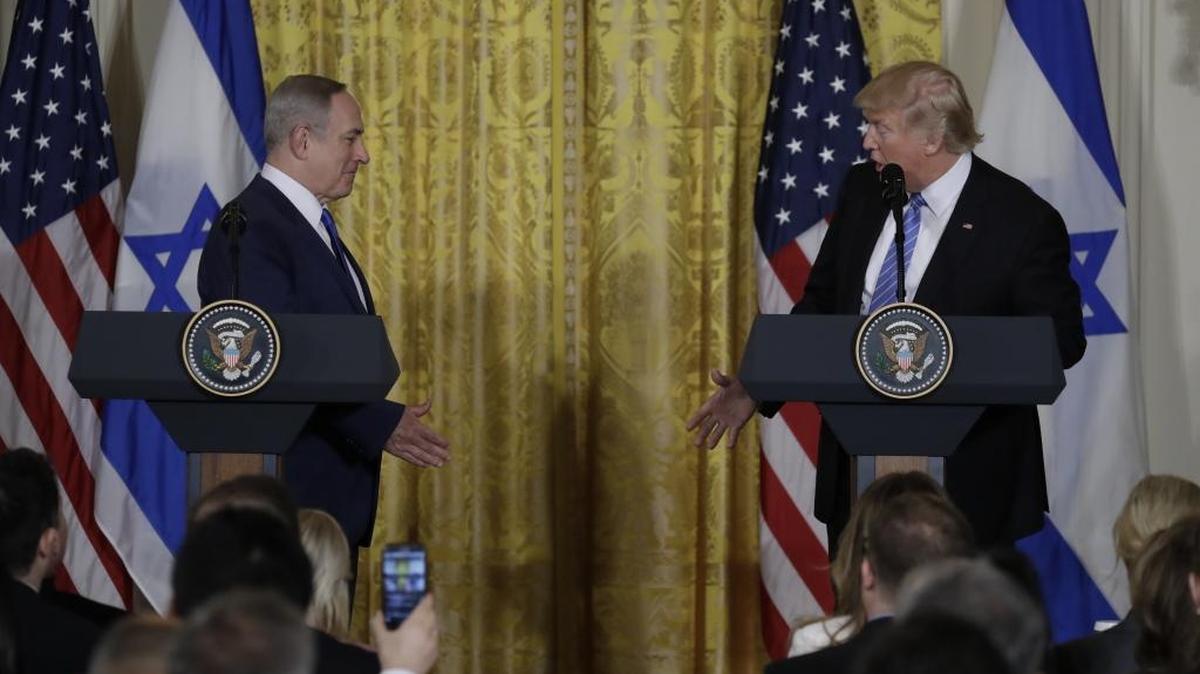 President Donald Trump and Israeli Prime Minister Benjamin Netanyahu participate in a joint news conference in the East Room of the White House in Washington, Wednesday, Feb. 15, 2017.