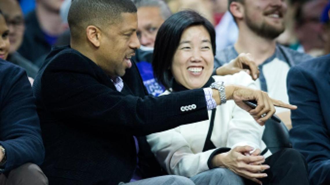 Michelle Rhee talks with her husband, Sacramento Mayor Kevin Johnson, at a Sacramento Kings game on Monday, Feb, 1, 2016 at Sleep Train Arena in Sacramento.