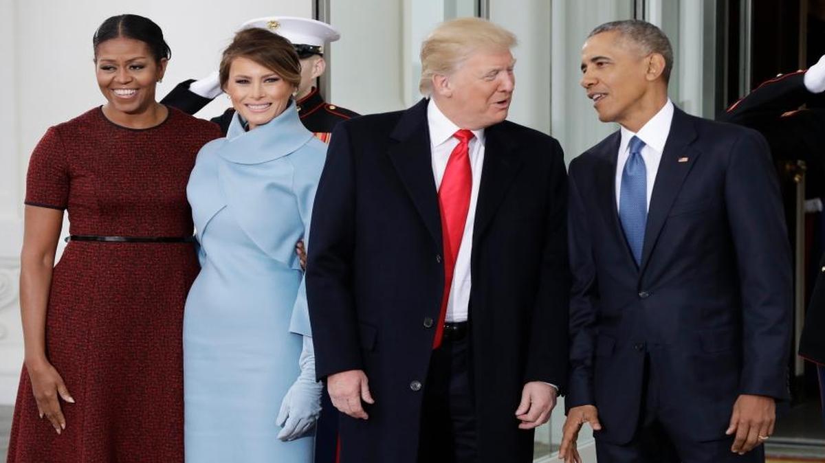 President Barack Obama and first lady Michelle Obama pose with President-elect Donald Trump and his wife, Melania, at the White House in Washington, Friday, Jan. 20, 2017.