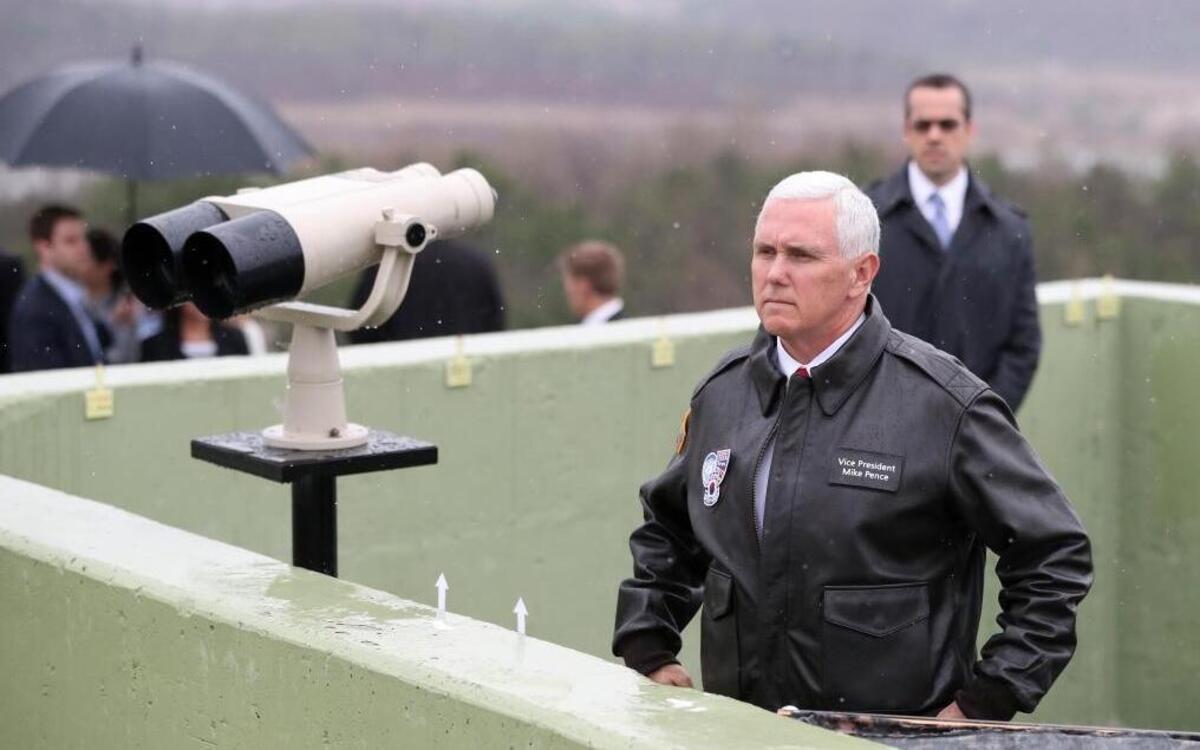Vice President Mike Pence looks across the Demilitarized Zone to North Korea during a visit to the border village of Panmunjom on Monday, April 17, 2017. Pence said “the era of strategic patience is over” in dealing with North Korea, raising further questions about possible U.S. military action to slow or stop Pyongyang’s nuclear weapons program.