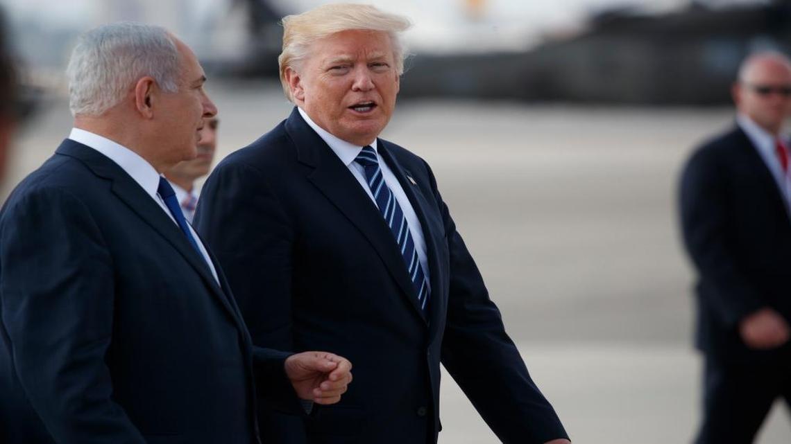 Israeli Prime Minister Benjamin Netanyahu walks President Donald Trump to board Air Force One, on Tuesday, May 23, 2017, in Jerusalem.