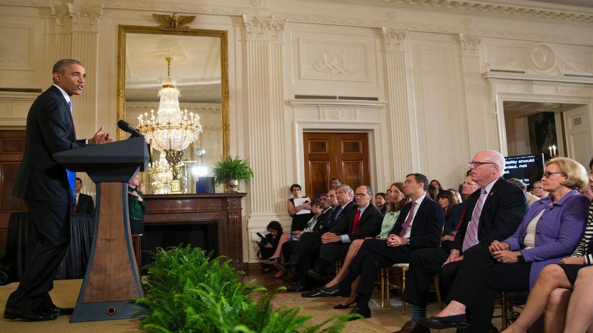 
President Barack Obama speaks during the 2015 White House Conference on Aging, Monday, July 13, 2015, in the East Room of the White House in Washington. The president said a secure retirement is a critical component of what it means to be middle class in America. 
