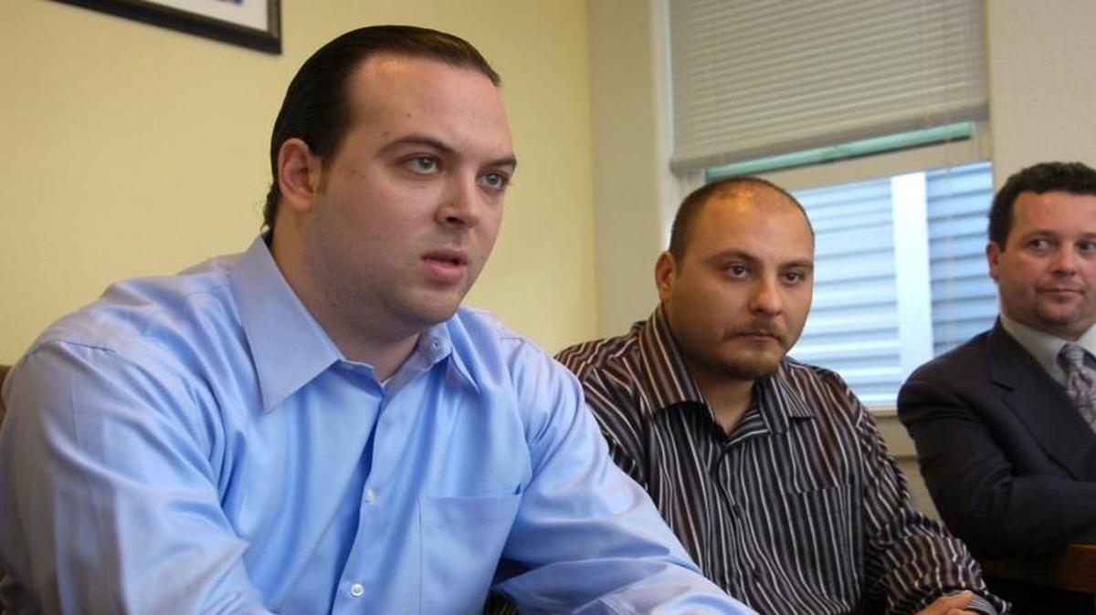 Luke Scarmazzo (left) and Ricardo Montes (middle), formerly the owners of the California Healthcare Collective, are seen in a 2008 picture. Their attorney Robert L. Forkner sits to the right.